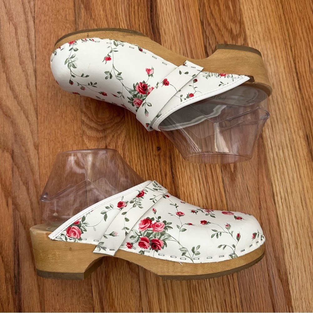 Simson Holland Orthopedic White Floral Leather and Wood Clogs Women’s Size 38